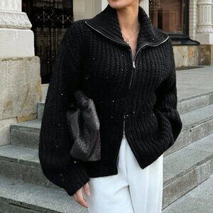 Black Casual Women's Loose Sequin Knit Sweater Jacket